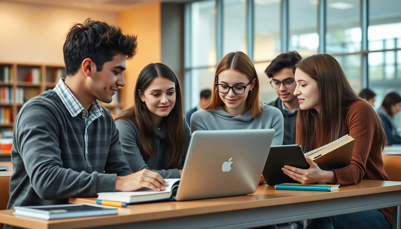 Students studying together in modern classroom